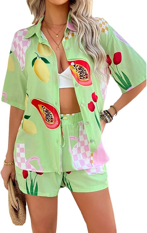 Women's 2 Piece Outfits Boho Tropical Print Short Sleeve Shirts Lounge Shorts Summer Vacation Hawaiian Matching Sets