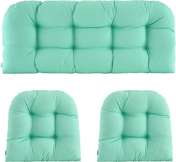 Wicker Chair Cushions of 3 Pieces Waterproof Tufted Outdoor Seat Cushions for Patio Furniture Sofa Settee Couch,1 Loveseat and 2 U-Shaped Cushions,Aqua Blue