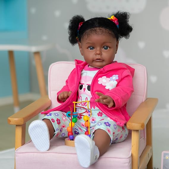 iCradle Reborn Baby Doll 24inch60CM,Realistic Newborn Toddler in Dark Skin American African Baby Girl Doll with Curly Hair Handmade Doll Collection & Kids Age 3+