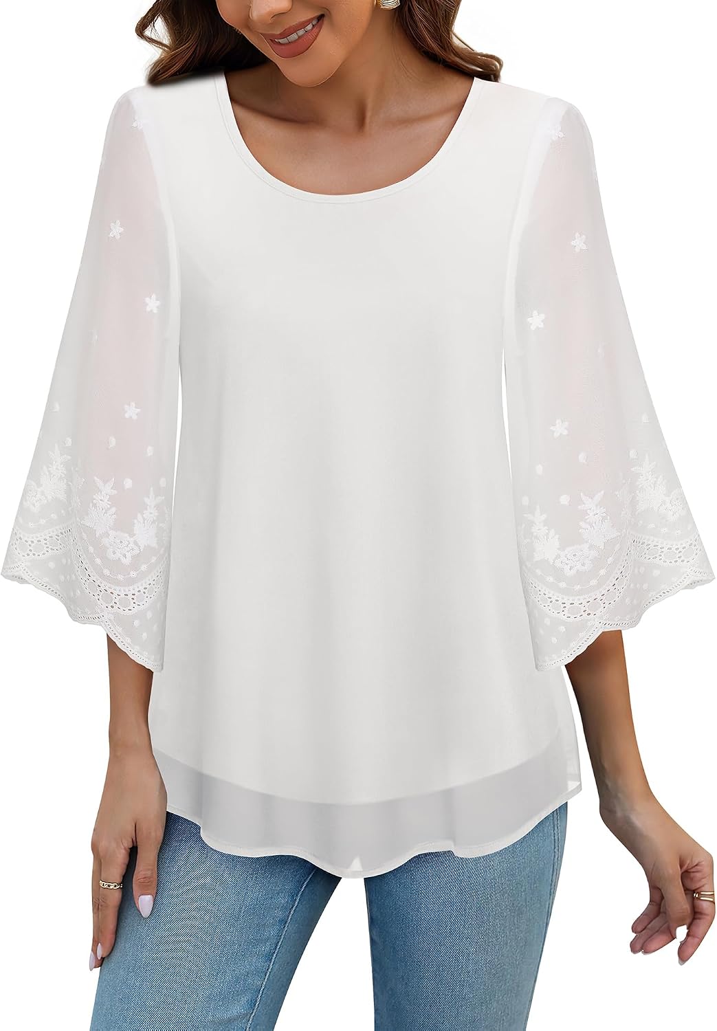 Womens Blouses Bell Sleeve Double Layers Casual Round Neck Embroidered Elegant Chiffon Tunic Top