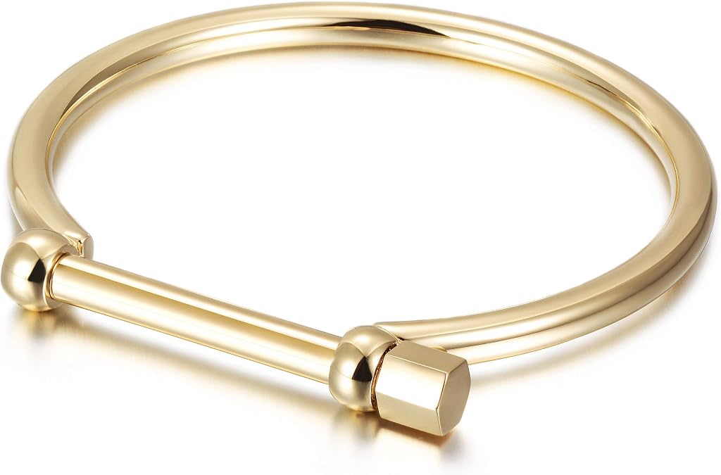 18K Gold Bar Screw Cuff Bangle Bracelets for Women, Black Closely Screw Barrel Clasp for Men, Silver Stainless Steel Bracelet for Couples, 7.25"-8.5" Inner Circ.