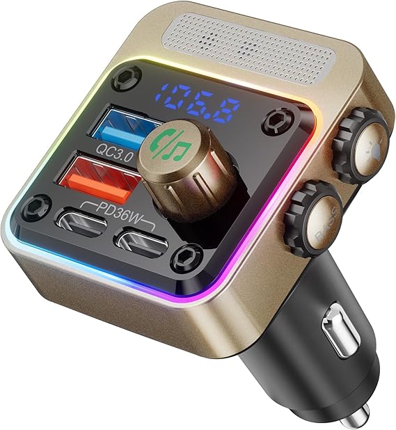 Nulaxy 54W Bluetooth 5.3 Car Adapter, FM Transmitter 4-Port Fast Charging | Wireless FM Radio Music Player with Deep Bass, 5 Colors LED Backlit, Hands-Free Calling, PD&QC Car Charger Support USB Drive