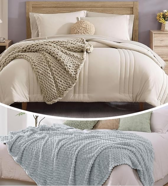 Monbix 7 Piece Comforter Sets and Fleece Throw Blanket Bundle