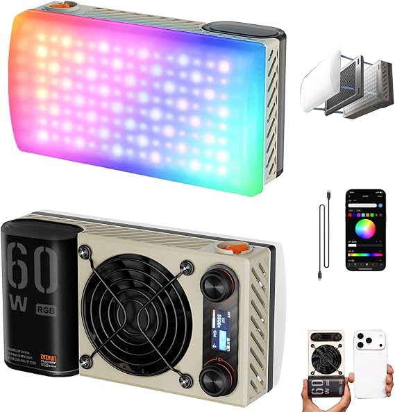 ZHIYUN FIVERAY M60 Ultra 60W RGB Camera Light LED Video Light, APP/2.4G/Panel Control, 2500K-10000K 6490Lux CRI 95 TLCI 97, 430g Portable Photography Lighting for Video Recording TK YouTube