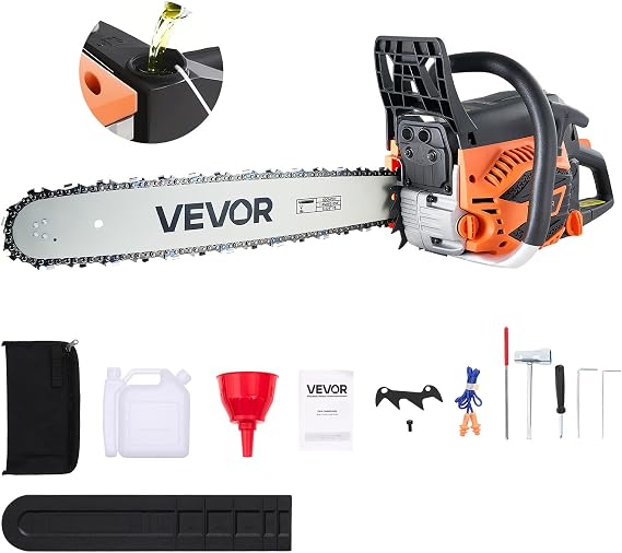 VEVOR Gas Powered Chainsaw 20 inch 62CC 3.8 HP 2 Stroke Engine Gas Chainsaw | Power Chain Saw for Logging with Non-Slip Handle, Dual Fuel Tanks, for Wood Cutting, Tree Trimming, and Land Clearing Use