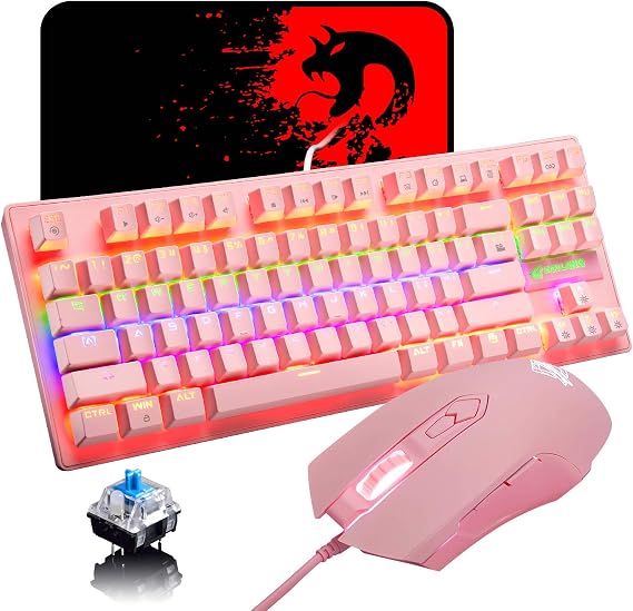 LexonElec K2 Mechanical Gaming Keyboard,Blue Switch Mini 82 Keys Wired Rainbow LED Backlit Keyboard,Lightweight Gaming Mouse 6400DPI Honeycomb Optical for MAC PC Gamers(Pink)