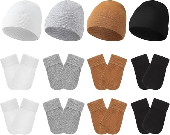 Hercicy 4 Pack Preemie Hat and Mitten Socks Set Cotton Preemie Beanie No Scratch Baby Mitten Nicu Hospital Hat for Boy Girl