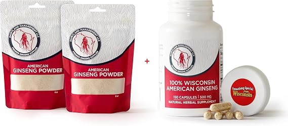 Dairyland American Ginseng Powder 16 oz and Capsules 150 ct of Wisconsin Ginseng Direct from Farmer to Consumer