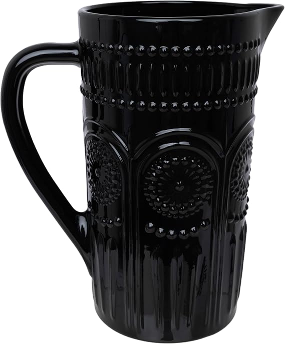 Boston International Vintage-Inspired Glass Pitcher with Embossed Floral Pattern, 4.5" x 7.75", Black