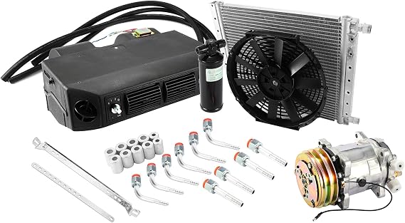 A/C Universal Kit Underdash Compressor Complete Air Conditioner 12V, A/C Compressor Condenser SD508, Condenser Fan, Evaporator Unit (18.000BTU) Receiver Drier