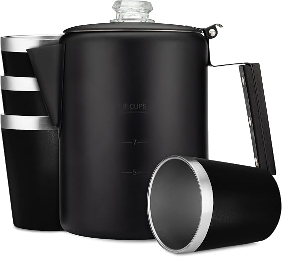 COLETTI Bozeman & Scouts Coffee Serving Sets Percolator Coffee Pot Camping Coffee Maker & Double Walled Stainless Steel Cups NO Aluminum or Plastic [9 Cup Percolator, 10 oz Cups] (Black)