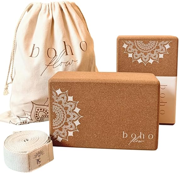 Cork Yoga Block Set 2 Pack with Strap & Canvas Bag | Luxury Portuguese Yoga Blocks 9x6x3 | Heavy-Duty, Non-Slip Support | Eco-Friendly, Plastic-Free Materials