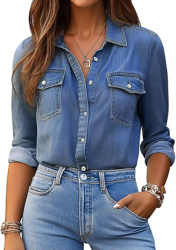Glozeplus Button Down Denim Shirt Long Sleeve Ladies Casual Chambray Blouse