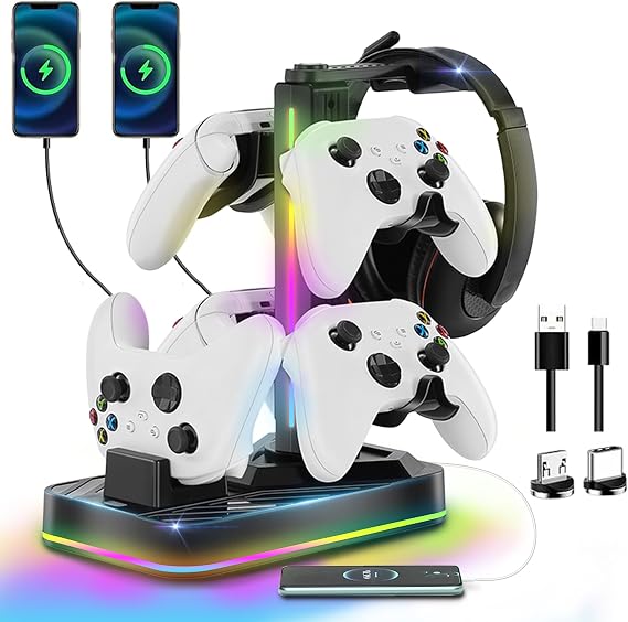 Controller Charger with Headphone Stand for Xbox Series X|S/Elite 2/One/One X/One S/One Elite, RGB Controller Charging Station Dock for Xbox, Headset and Controllers Holder Stand, 3 USB Ports