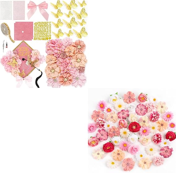 ATTGREAT 2026 Graduation Cap DIY Decor Kit Bundle (Pink) with Matching Multicolor Fake Flower Heads, Complete Pink-Themed Set for Custom Grad Cap & Craft Projects