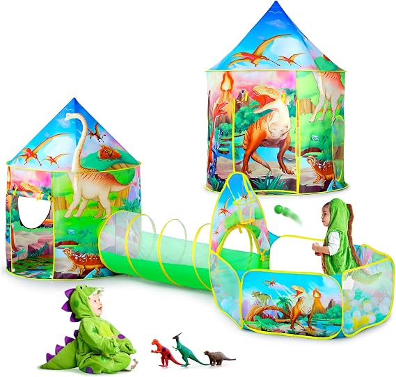 GeerWest 3PC Dinosaur Tent for Girls with Kids Ball Pit, Kids Play Tents and Crawl Tunnel for Toddlers, Pink Pop Up Playhouse Toys for Baby Indoor& Outdoor Tent Games, Birthday Kids Gifts
