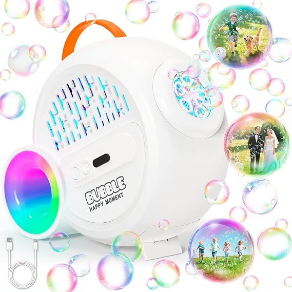 Rechargeable Bubble Machine with Upgrade RGB LED 16 Million Colors, 20000 Bubbles Per Minute, Portable Bubble Maker for Kids, Weddings, Birthday Parties, Outdoor, Plug in or Battery Power