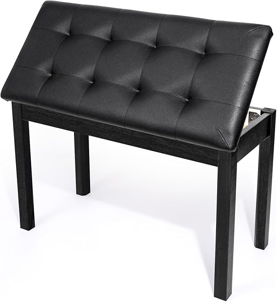 UISCOM Duet Piano Bench with Padded Cushion and Storage - Solid Wood Keyboard Bench Bookcase Stool Chair Seat Vanity Stool Tufted Wooden Piano Seat, Comfortable Sponges Pad,Black