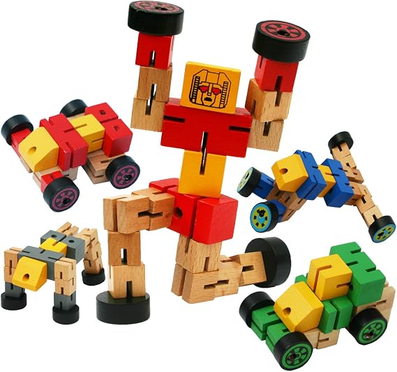 TOWO Wooden Transforming Robot Vehicle Toy, Blue Building Set