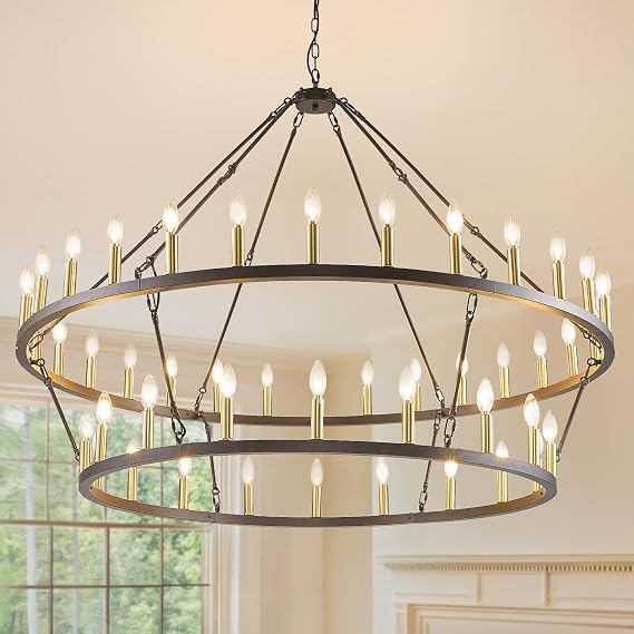 WJShome Elevate Your Dining Experience with a 57 Inch Black and Gold Wagon Wheel Chandelier - Gorgeous 2 Tier, 48-Lights for Farmhouse Dining Rooms & Grand Entryways - Ideal for High Ceilings!