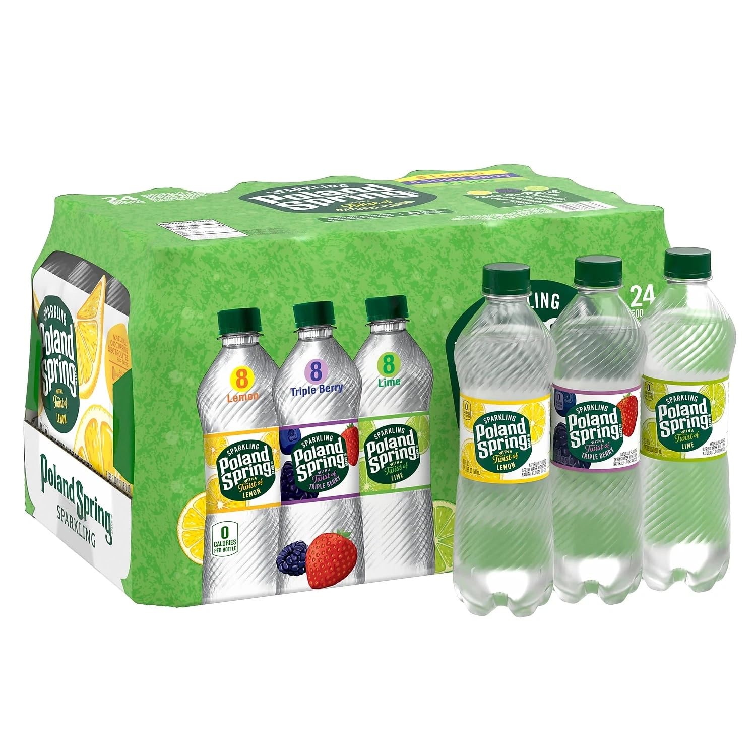 Poland Spring Water – Lime, Triple Berry & Lemon Sparkling Flavors, 16.9 oz Bottles Pack of 24, Naturally Flavored, Calorie-Free, Crisp & Refreshing Carbonated Spring Water