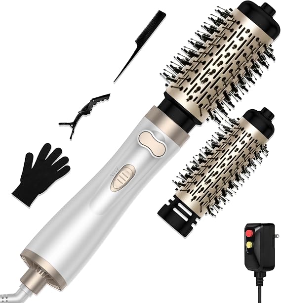2 in 1 Rotating Hair Dryer Brush, Auto Rotating Blow Dryer Brush Spinning with 2 Brushes (2" & 1.5"), Round Brush Blow Dryer Volumize Curling Straighten 100-120V
