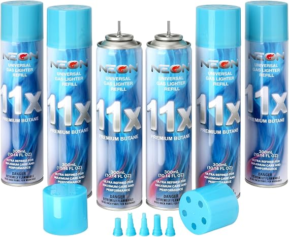 NEON Butane Refill, 11X Ultra-Refined Butane Fuel, 300ml Premium Lighter Fluid with Metal Nozzle & 5 Butane Gas Refill Adapters for Refillable Jet Flame Lighters, Torches, and Culinary Use, 6 Cans