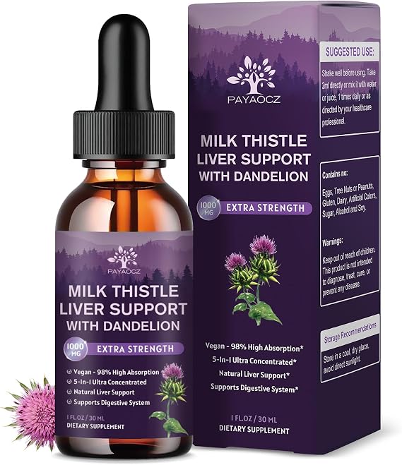 PAYAOCZ (4 Pack) Milk Thistle Liquid Drops Silymarin 1000mg, Liver Supplement Detox & Cleanse with Dandelion & Artichoke, Milk Thistle Organic Extract, Vegan, 1 Fl Oz