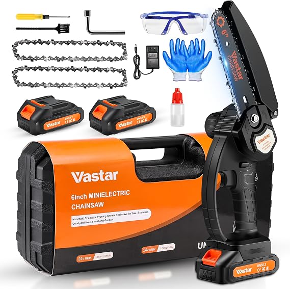 Cordless Mini Chainsaw, 6inch Portable Electric Chainsaw, Battery Powered Handheld Chain Saw, 2Pcs 24V 2000MAH Rechargeable Battery, with 2 Chains, Splash Guard for Wood Cutting