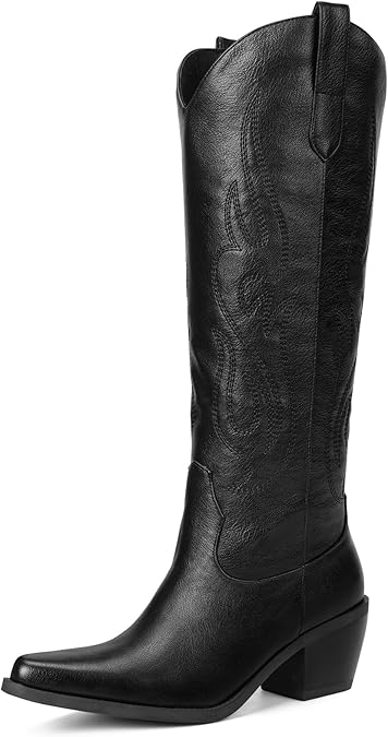 Pasuot Western Cowboy Boots for Women - Knee High Wide Calf Cowgirl Boots, Slip On Pointed Toe Chunky Heel Fashion Retro Classic Pull On Tall Boot for ladies Party concert