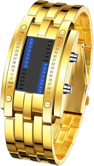 MASTOP Mens Watches Binary Matrix Blue LED Digital Waterproof Wrist Watches Stainless Steel Military Watch