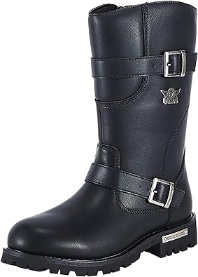 Dream Apparel Mens 11in PU Leather Motorcycle Engineer Boots for Riding, Waterproof Biker Boots with Full Length Side Zipper, Black Faux Leather Mid Calf Footwear