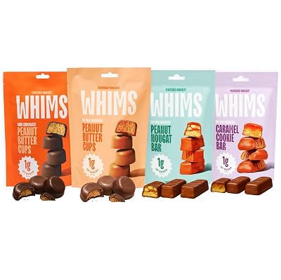 Whims Oat Milk Chocolate Variety Pack Dark & Classic Chocolate Peanut Butter Cups, Caramel Cookie Bar & Peanut Nougat Bar | Vegan, Dairy-Free, Gluten-Free Snacks | Plant-Based Low Sugar 4 Pack