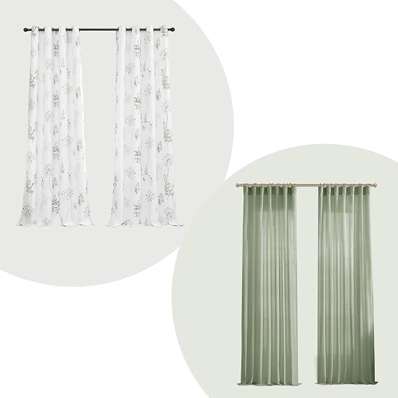XTMYI Sage Green Linen Curtains 96 Inch Length Bundle with 96 Inch Sage Green and Grey Blackout Watercolor Wildflowers Curtains Add Aesthetic Decor