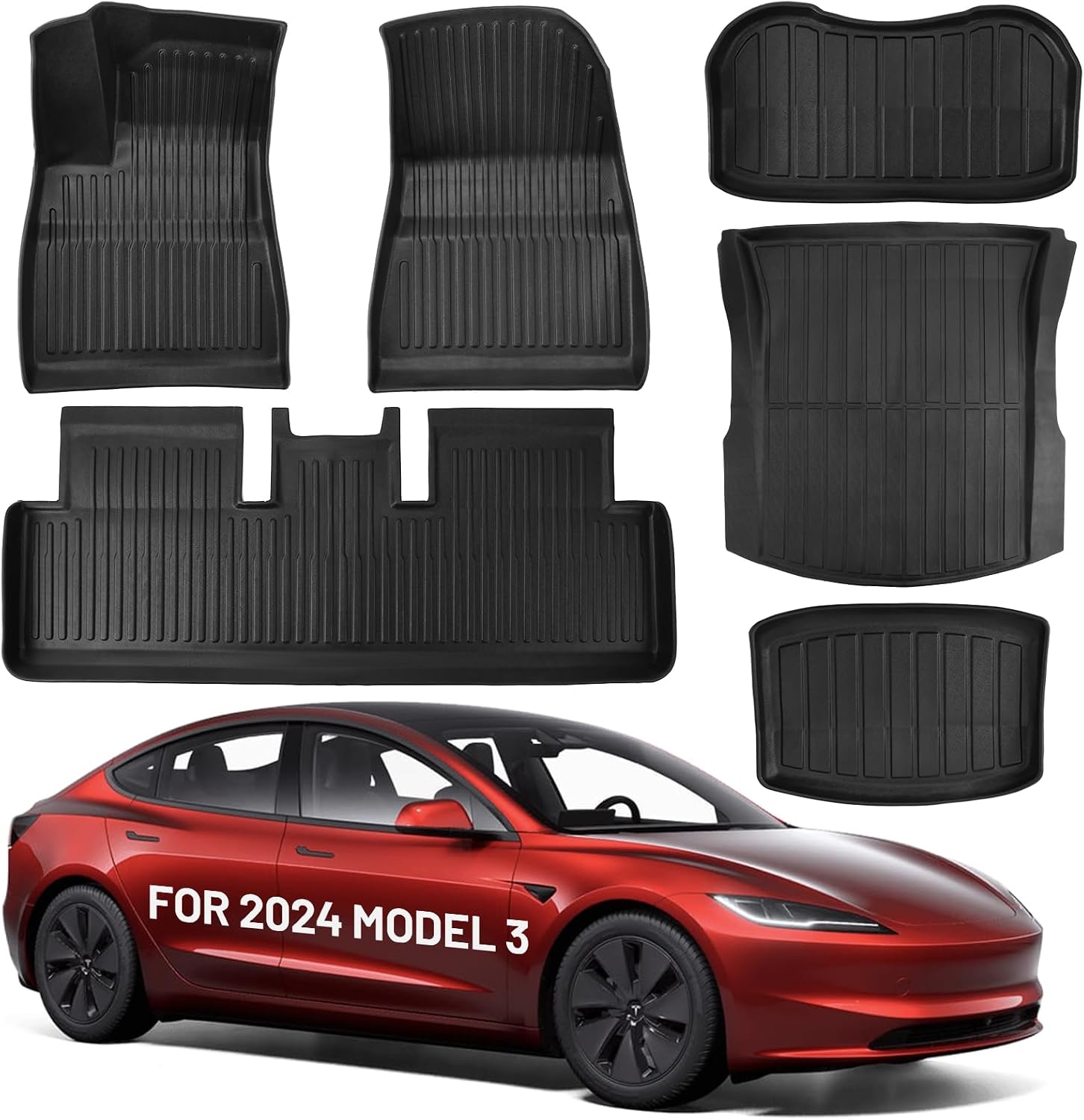 Floor Mats Fit for Tesla Model 3 2025 2024, Custom Fit Extra-Thick TPE All-Weather, Anti-Slip Interior Liners Waterproof Floor Liners Full Set of 6