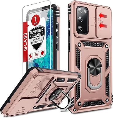 LeYi for Galaxy S20-FE 5G Case: with Slide Camera Cover  Glass Screen Protector, Military-Grade Cell Android Cover with Metal Ring Kickstand, Rose Gold