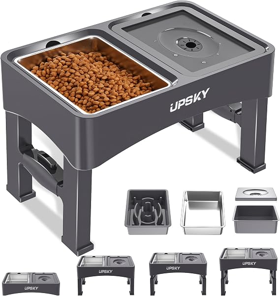 UPSKY 3-in-1 Elevated Dog Bowls Set with 4 Height Adjustable Stand, Gray
