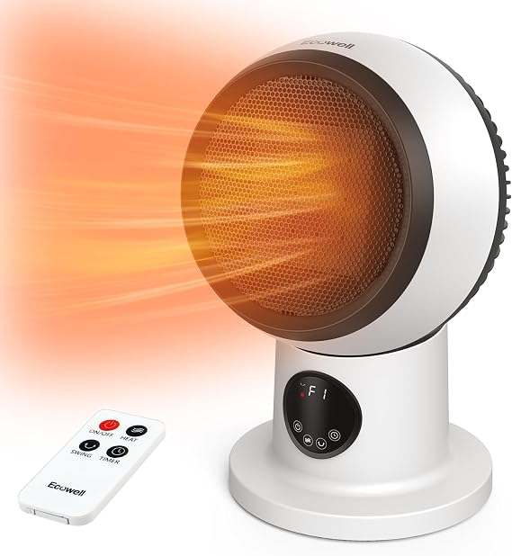 Space Heater Fan Combo, 1500W 2S Fast Heating Electric Ceramic Heater with Remote, Timer, 60 Oscillating, 90 Tilt, Overheating and Tip-Over Protection, Portable Small Desk Heater