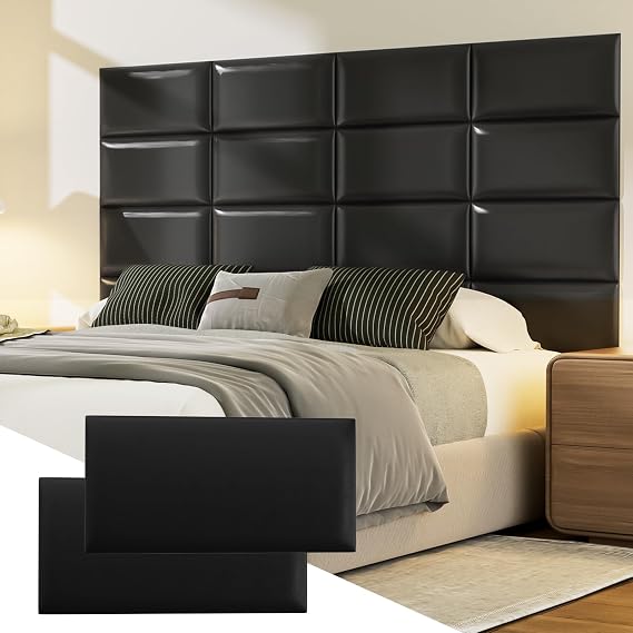 Elvone Upholstered Headboard Panels, 4 Panels Sized 7.8" x 15.7" Peel and Stick Padded Wall Panels for Kids, 3D Anti-Collision Wall Mounted Bed headboard for Full, Black