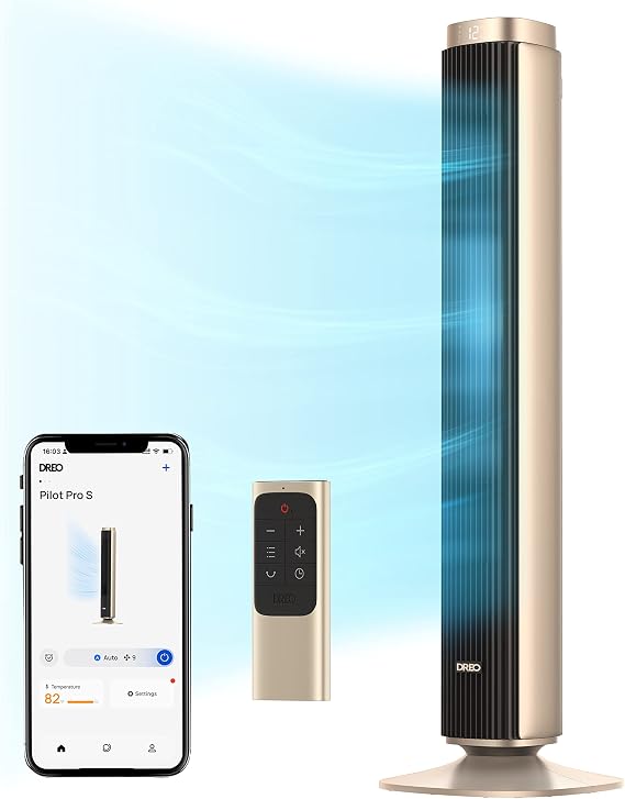 DREO Tower Fan for Bedroom, 90 Oscillating Standing Fan with 40ft Far Airflow, 25dB Ultra Quiet DC Motor, 28ft/s Velocity, 12 Speeds, 42 inch, Smart Control, 4 Modes, 12H Timer, Pilot Pro S