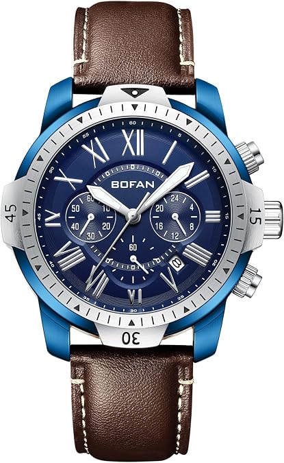 BOFAN Mens Watches Chronograph Quartz Watches for Men with Leather Strap,Multifunctional Vintage Blue Dial,Auto Date,Water Resistant