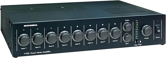 Bogen V100 Power Vector Modular Amplifier, 100W, Commercial Audio, 8 Module Bays, Priority Level Control, Motorized Volume Control, LED Output Meter, Grounded Unswitched AC Outlet