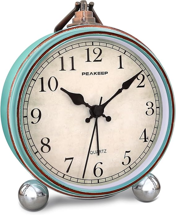 Peakeep 4" Small Battery Operated Analog Alarm Clock, Antique Retro Style