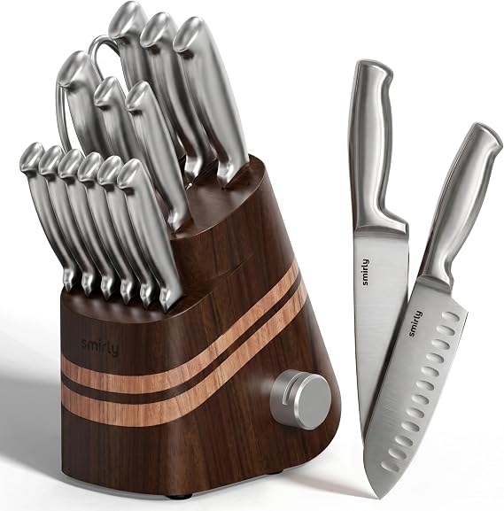 SMIRLY 14 Piece Knife Set with Block for Kitchen, Knife Block Set, Brown