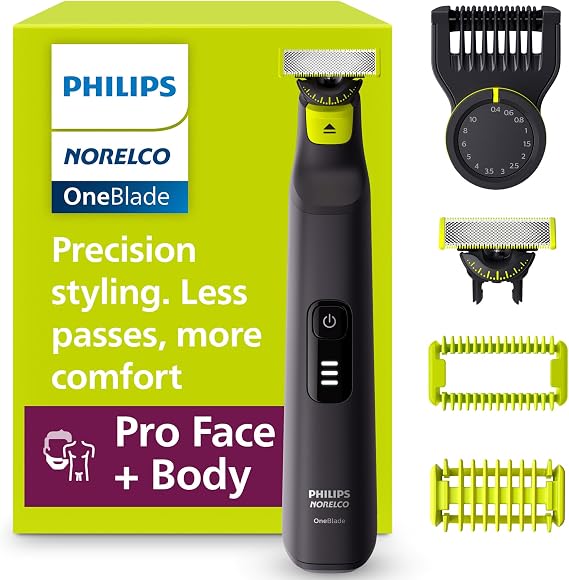 Philips Norelco OneBlade Pro 360 Face+Body Electric Shaver, Beard Trimmer, Body Groomer, 360 Blade Technology, 14 Length Precision Comb Body Kit, Soft Pouch, Model QP6542/70