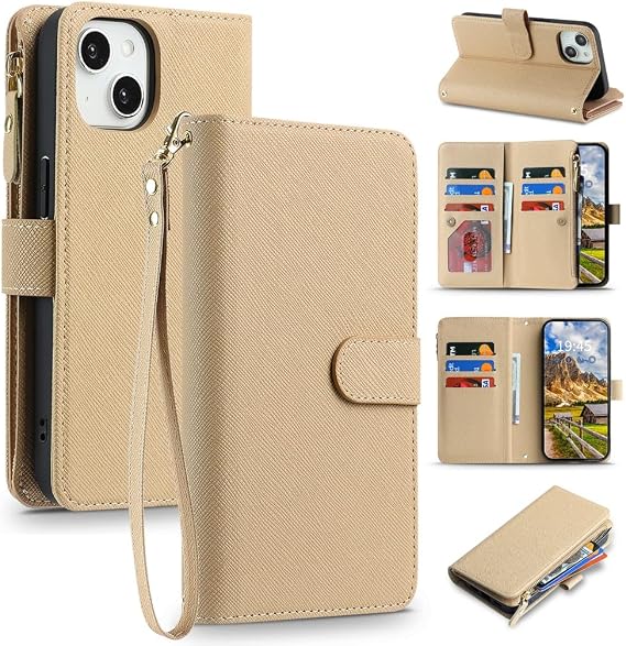Wallet Case for iPhone 15 with Wrist Strap,6.1",Apricot