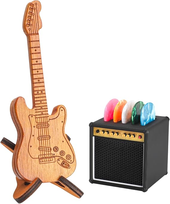 Guitar Picks Holder Box, Amp Speaker Pick Holder and Wooden Guitar Pick Holder with Stand, Guitar Pick Storage Box Set with 5 Celluloid Guitar Picks, for Guitar, Bass, Ukulele Players