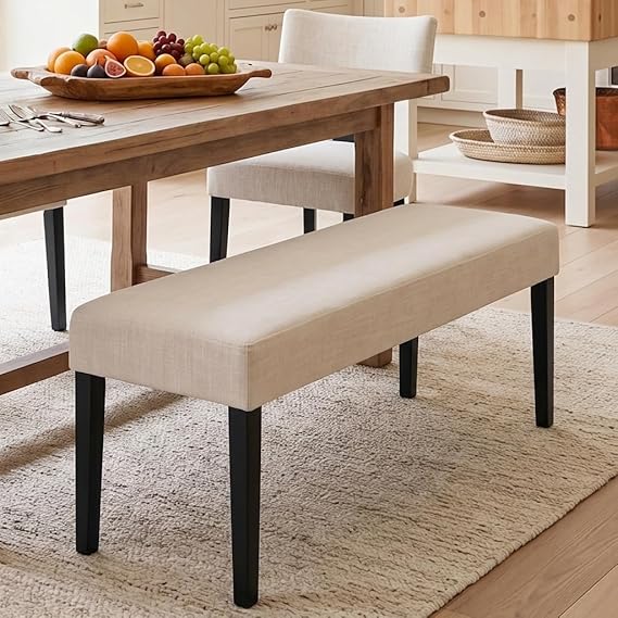 HNY Farmhouse Upholstered Dining Bench Seat, 45" Linen Entryway Bench with Black Wood Legs, Mid Century Modern End of Bed Bench for Kitchen Bedroom Living Room Hallway, for 2-3 Person, Beige