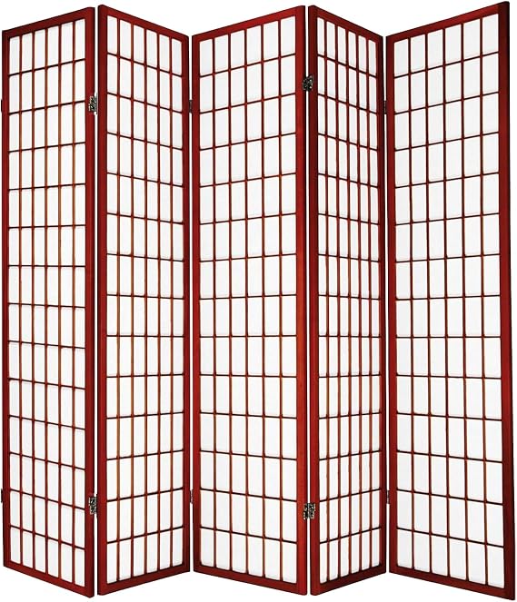 Legacy Decor Room Divider, Folding Shoji Screen, Real Wood Grid Frame, Translucent Privacy Panels, Freestanding Indoor Partition, Asian Style Folding Privacy Screen for Indoor Spaces, Cherry 5 Panels