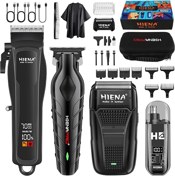 HIENA Professional Hair Clipper Set for Men, Cordless Clippers Set and Trimmer Kit, USB Rechargeable Electric Beard, Nose Hair Trimmer, Foil Shaver & Men's Facial Grooming Tool Kit, Gifts for Men